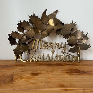 Beautiful Vintage Brass Merry Christmas Sign Jolly with Holly